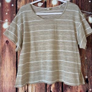 Max Studio London Beige and White Striped Short Sleeve Top